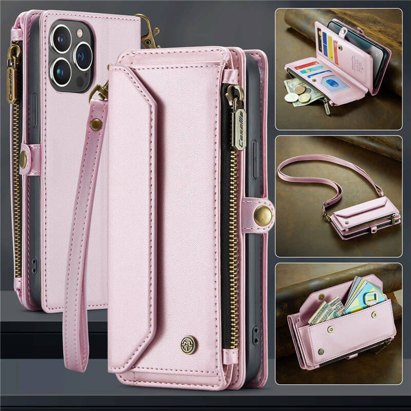 CaseMe iPhone 13 Pro Max Wallet RFID Blocking Crossbody Case Support Wireless Charging Pink