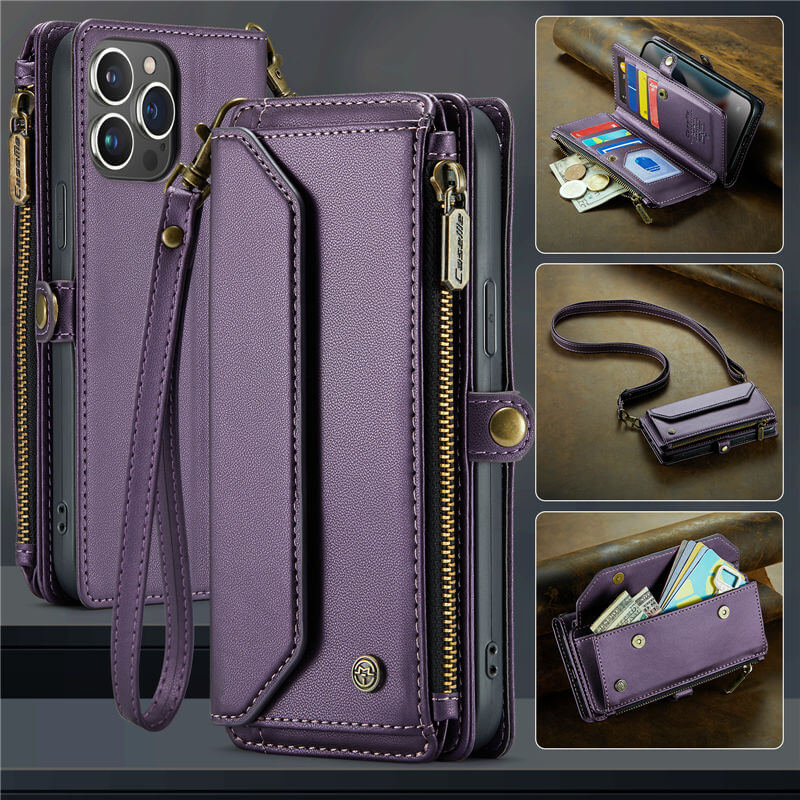 CaseMe iPhone 13 Pro Max Wallet RFID Blocking Crossbody Case Support Wireless Charging Purple