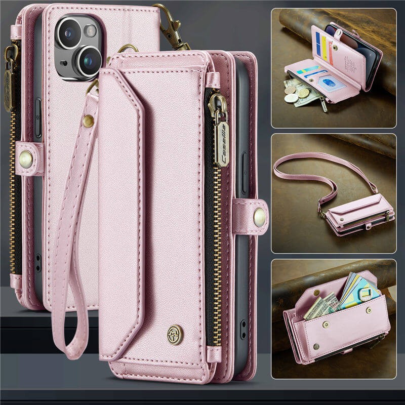 CaseMe iPhone 14 Wallet RFID Blocking Crossbody Case Support Wireless Charging Pink