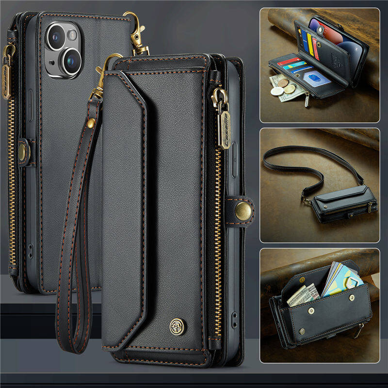 CaseMe iPhone 14 Plus Wallet RFID Blocking Crossbody Case Support Wireless Charging Black