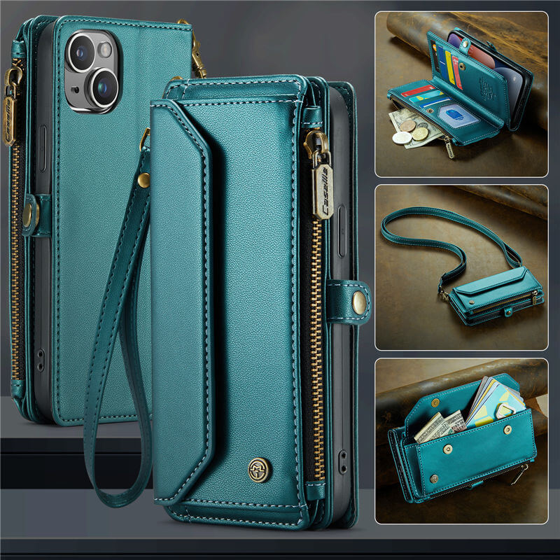 CaseMe iPhone 14 Plus Wallet RFID Blocking Crossbody Case Support Wireless Charging Green