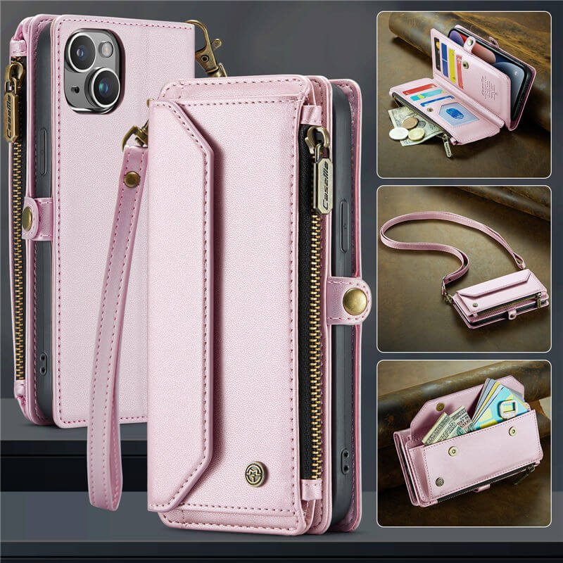 CaseMe iPhone 14 Plus Wallet RFID Blocking Crossbody Case Support Wireless Charging Pink