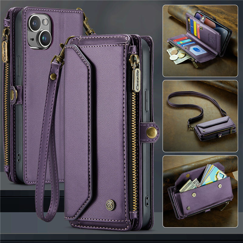 CaseMe iPhone 14 Plus Wallet RFID Blocking Crossbody Case Support Wireless Charging Purple