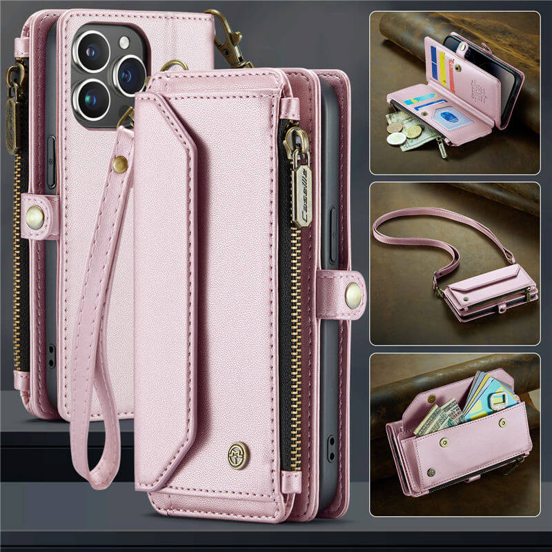 CaseMe iPhone 14 Pro Wallet RFID Blocking Crossbody Case Support Wireless Charging Pink