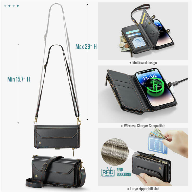 CaseMe iPhone 14 Pro Wallet RFID Blocking Crossbody Phone Case