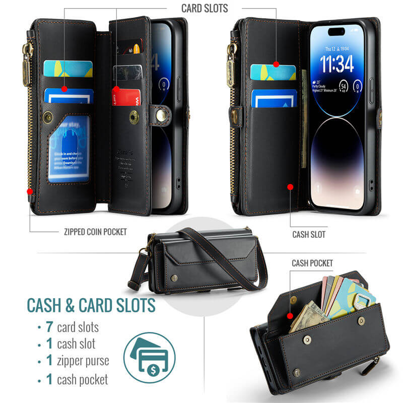 CaseMe iPhone 14 Pro Wallet RFID Blocking Crossbody Phone Case