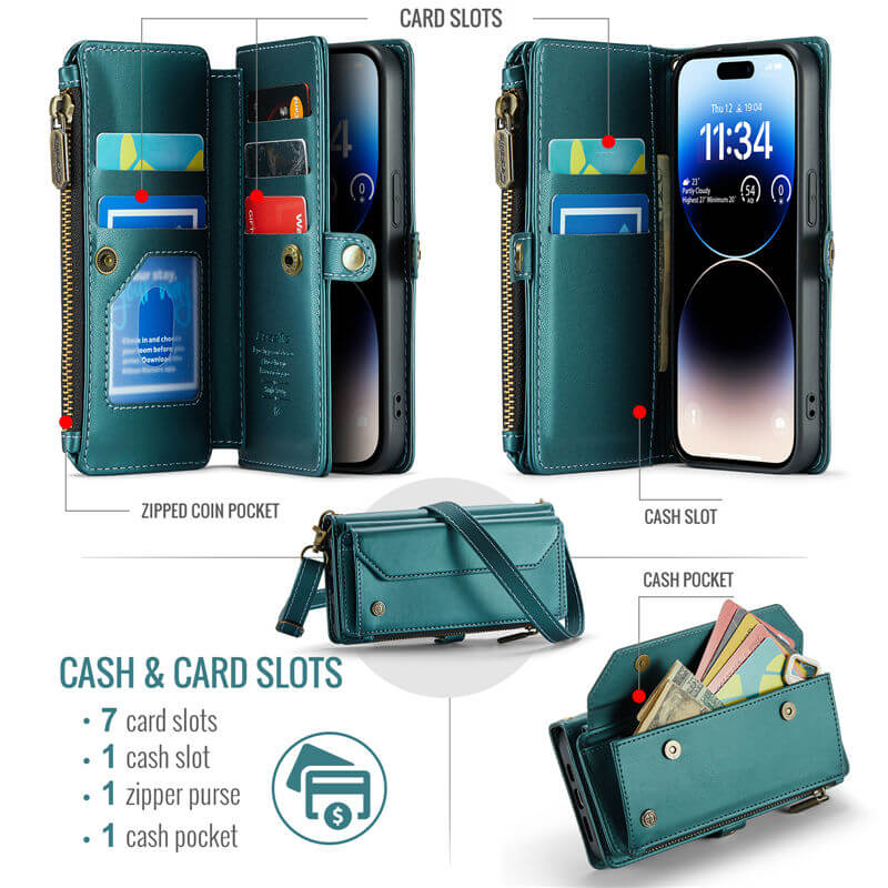 CaseMe iPhone 14 Pro Wallet RFID Blocking Crossbody Phone Case