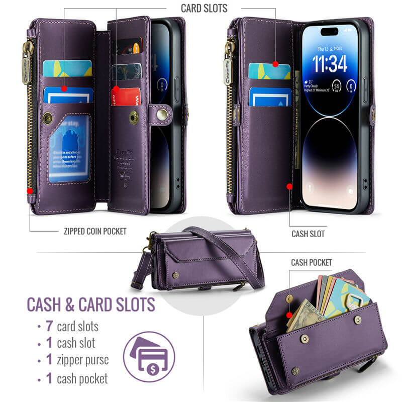 CaseMe iPhone 14 Pro Wallet RFID Blocking Crossbody Phone Case