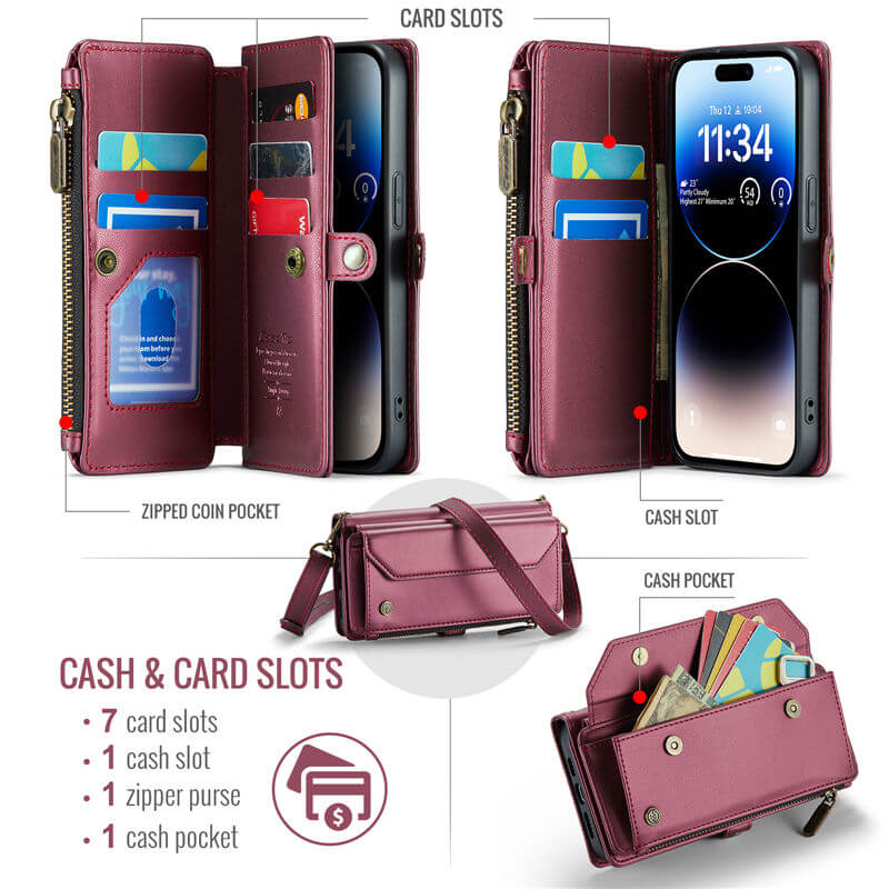 CaseMe iPhone 14 Pro Wallet RFID Blocking Crossbody Phone Case