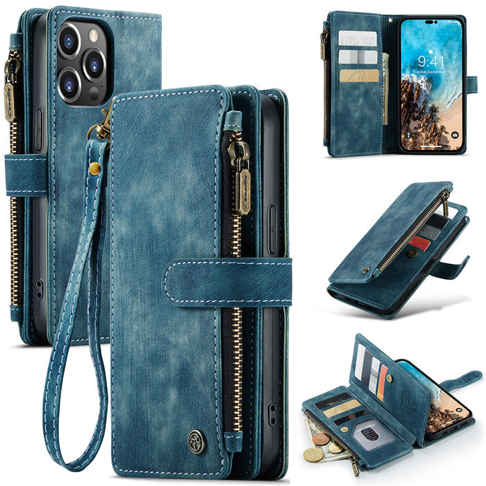 CaseMe Zipper Wallet Kickstand Case with Wrist Strap Blue
