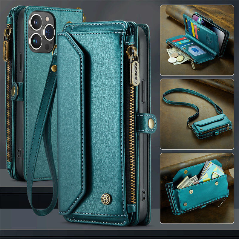 CaseMe iPhone 14 Pro Max Wallet RFID Blocking Crossbody Case Support Wireless Charging Green