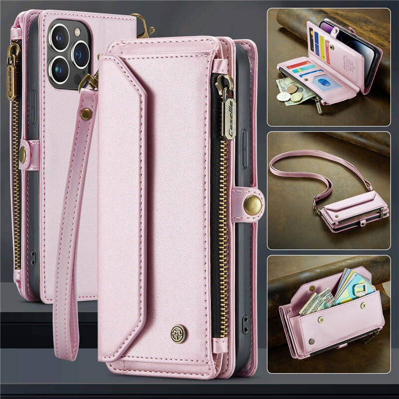 CaseMe iPhone 14 Pro Max Wallet RFID Blocking Crossbody Case Support Wireless Charging Pink