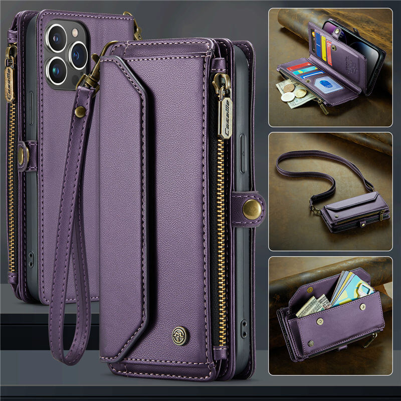 CaseMe iPhone 14 Pro Max Wallet RFID Blocking Crossbody Case Support Wireless Charging Purple