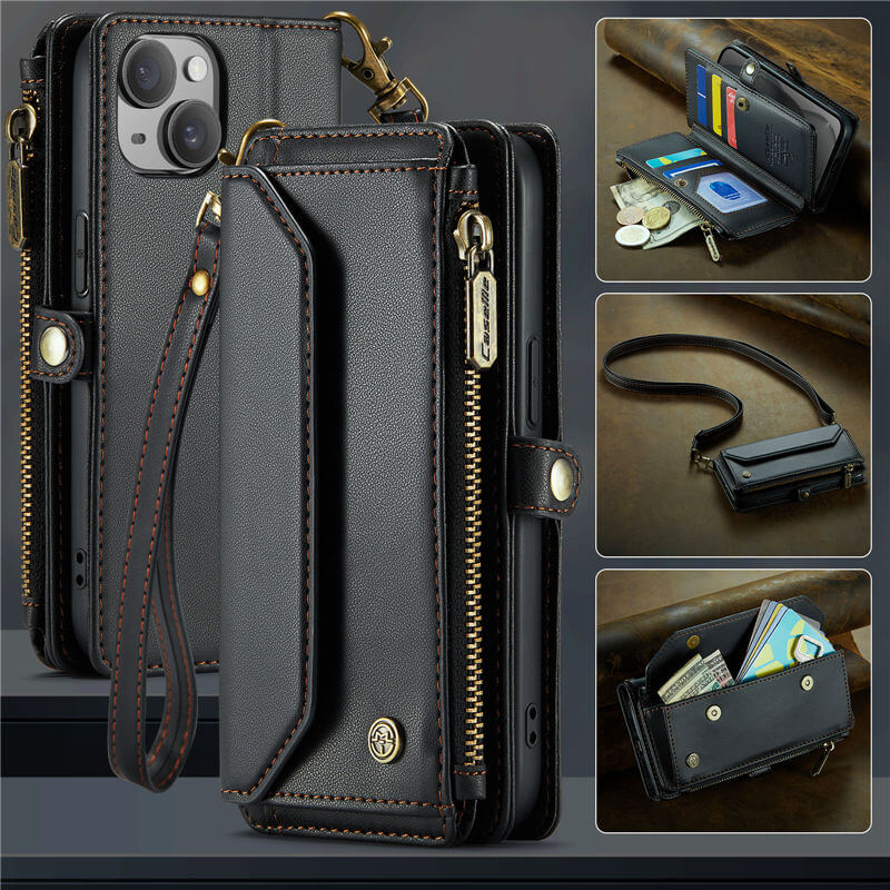 CaseMe iPhone 15 Wallet RFID Blocking Crossbody Case Support Wireless Charging Black