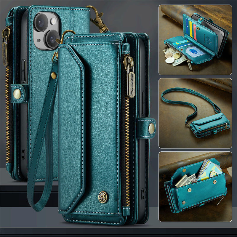 CaseMe iPhone 15 Wallet RFID Blocking Crossbody Case Support Wireless Charging Green