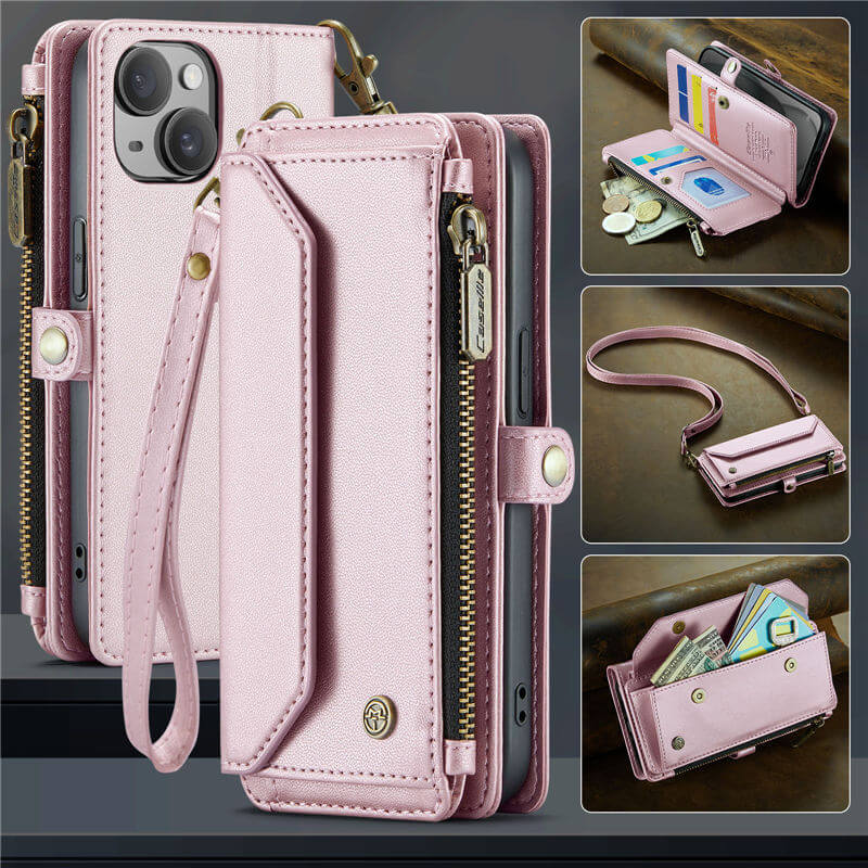 CaseMe iPhone 15 Wallet RFID Blocking Crossbody Case Support Wireless Charging Pink