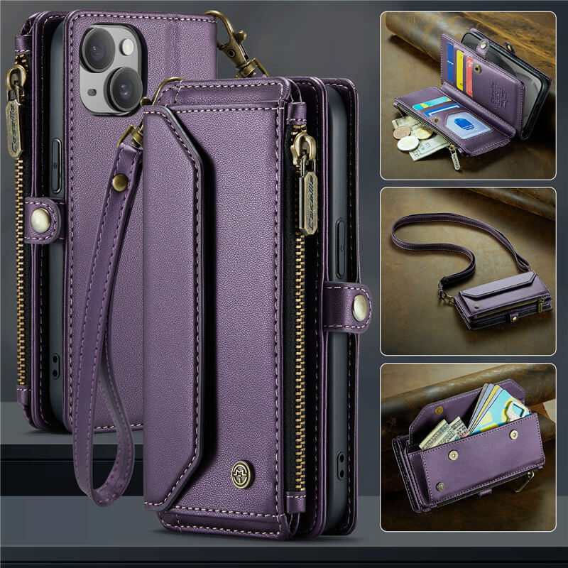 CaseMe iPhone 15 Wallet RFID Blocking Crossbody Case Support Wireless Charging Purple