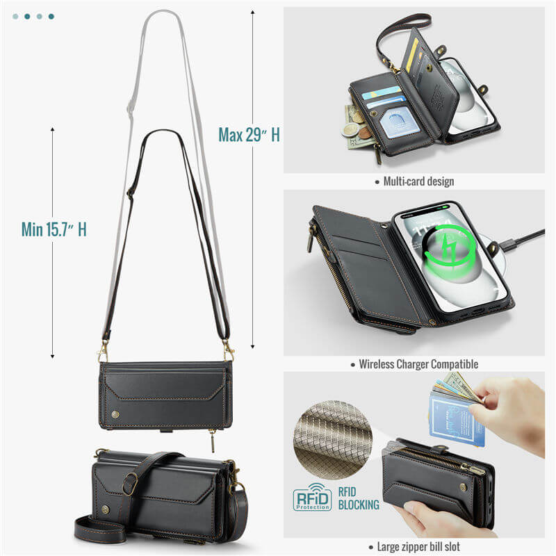 CaseMe iPhone 15 Wallet RFID Blocking Crossbody Phone Case