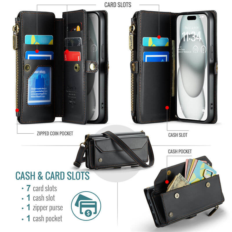 CaseMe iPhone 15 Wallet RFID Blocking Crossbody Phone Case