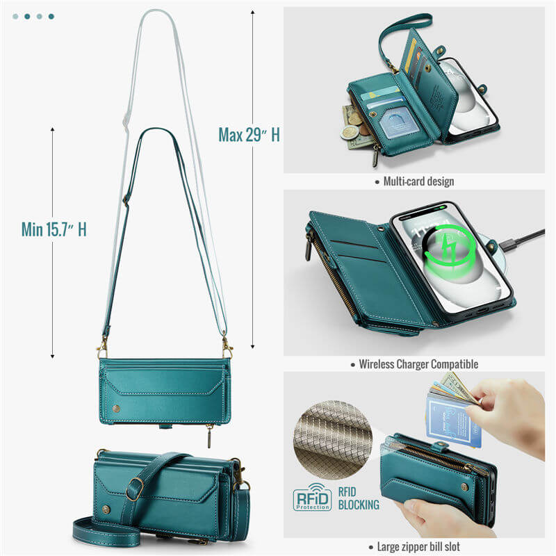 CaseMe iPhone 15 Wallet RFID Blocking Crossbody Phone Case