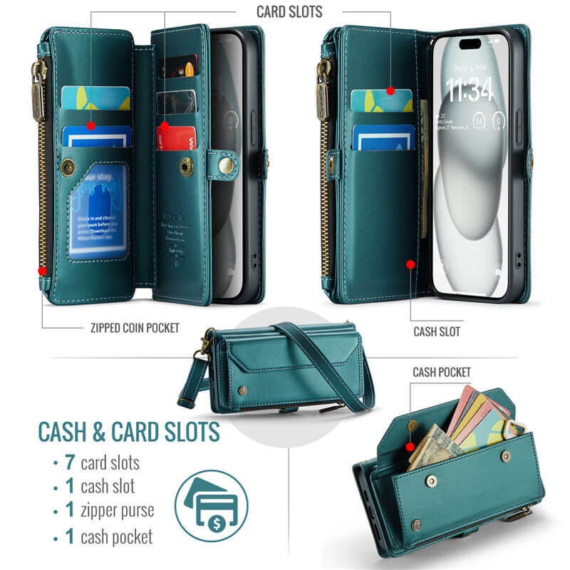 CaseMe iPhone 15 Wallet RFID Blocking Crossbody Phone Case