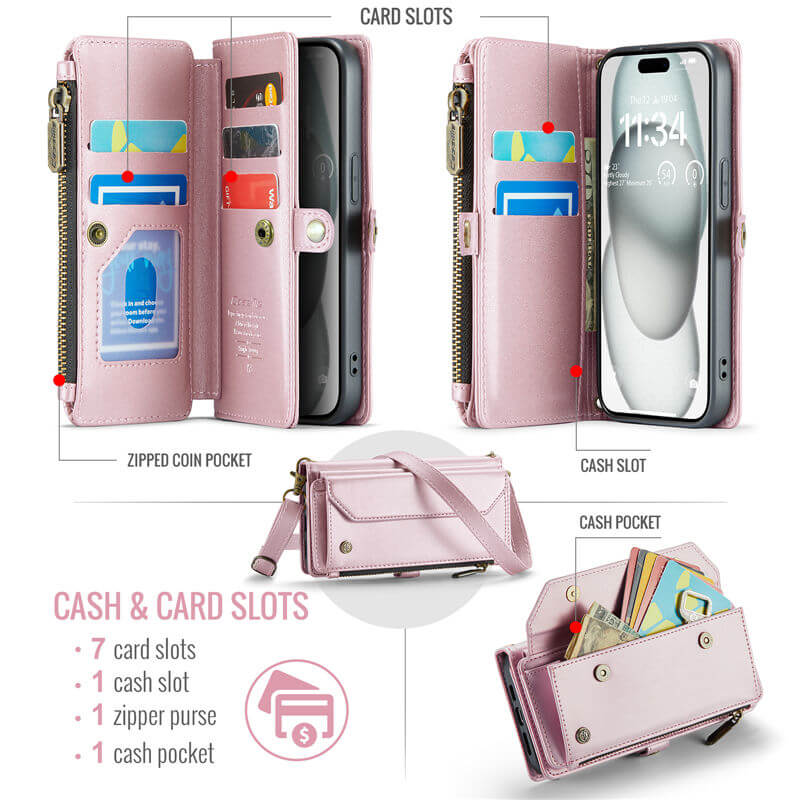 CaseMe iPhone 15 Wallet RFID Blocking Crossbody Phone Case