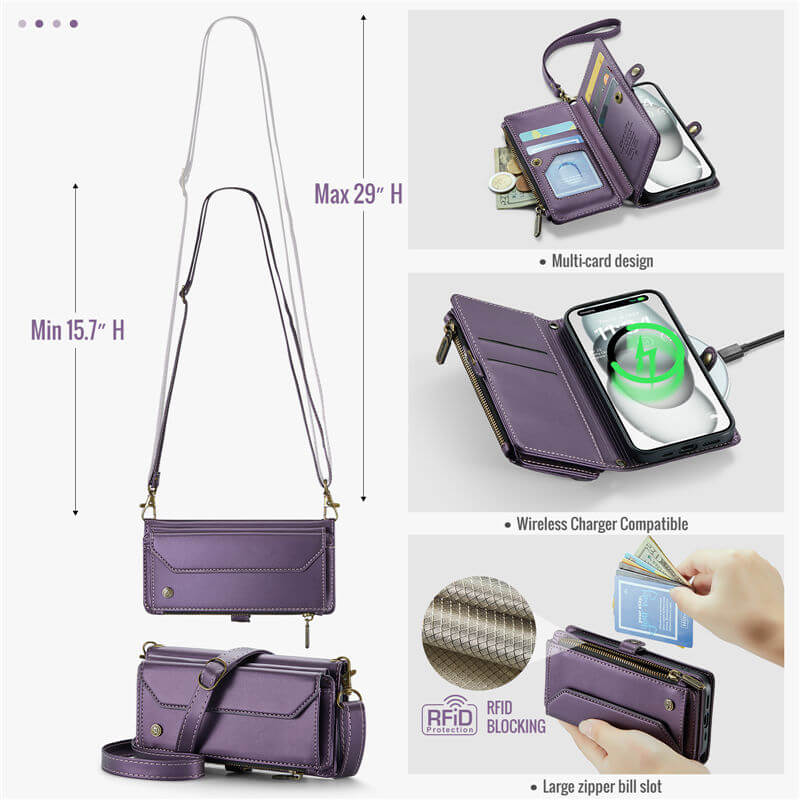 CaseMe iPhone 15 Wallet RFID Blocking Crossbody Phone Case