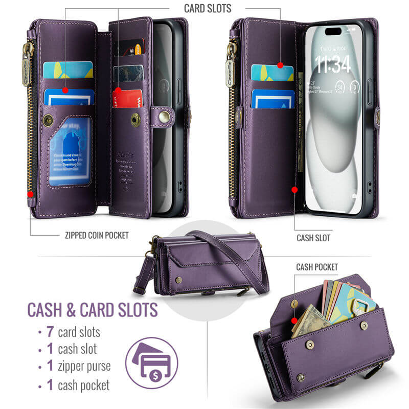 CaseMe iPhone 15 Wallet RFID Blocking Crossbody Phone Case