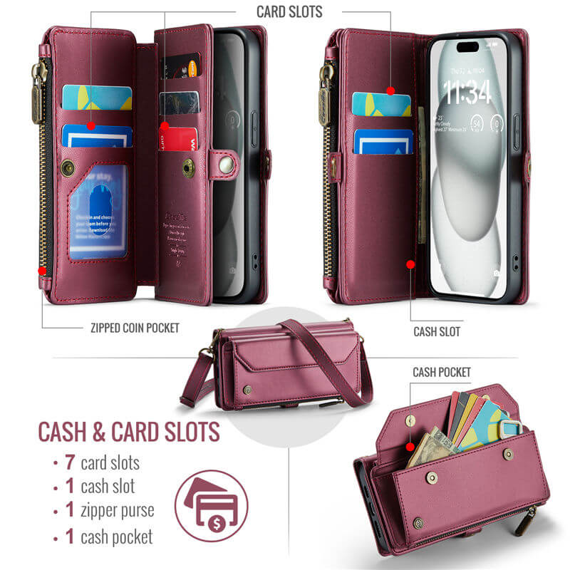 CaseMe iPhone 15 Wallet RFID Blocking Crossbody Phone Case