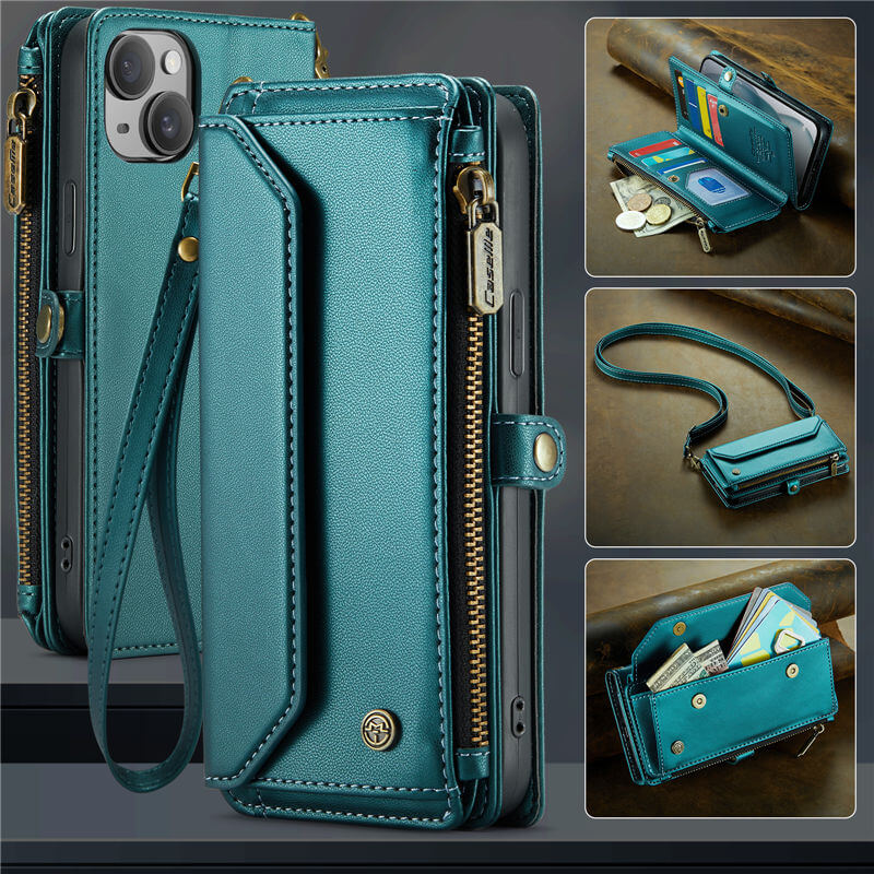 CaseMe iPhone 15 Plus Wallet RFID Blocking Crossbody Case Support Wireless Charging Green