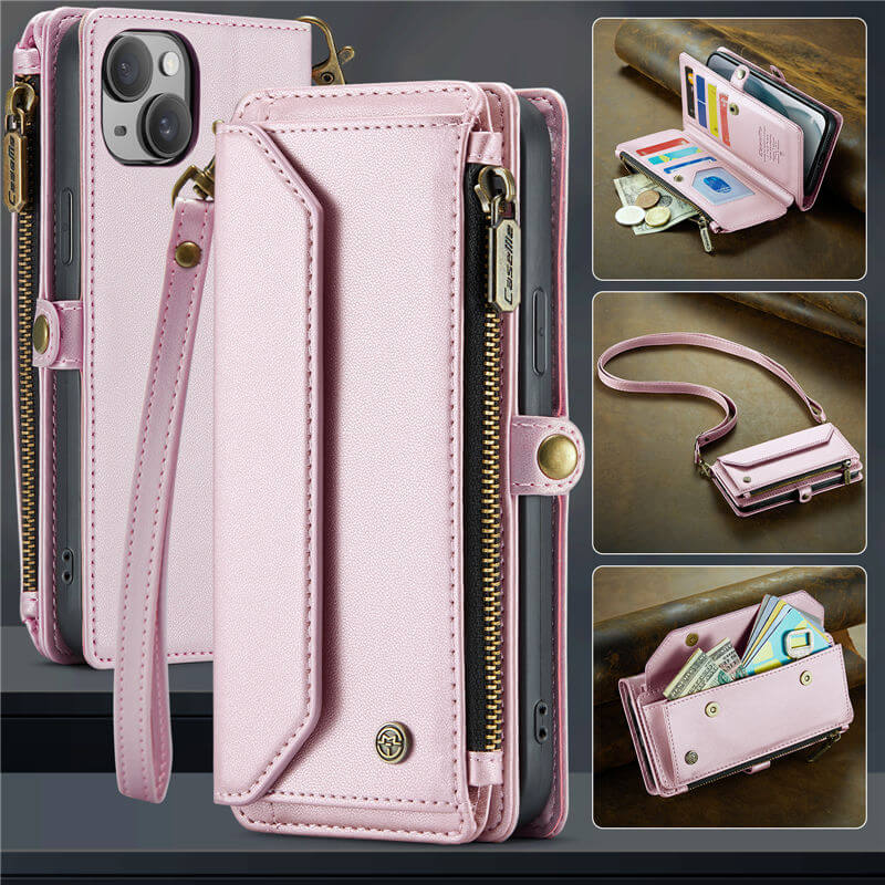 CaseMe iPhone 15 Plus Wallet RFID Blocking Crossbody Case Support Wireless Charging Pink