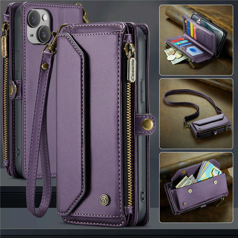 CaseMe iPhone 15 Plus Wallet RFID Blocking Crossbody Case Support Wireless Charging Purple