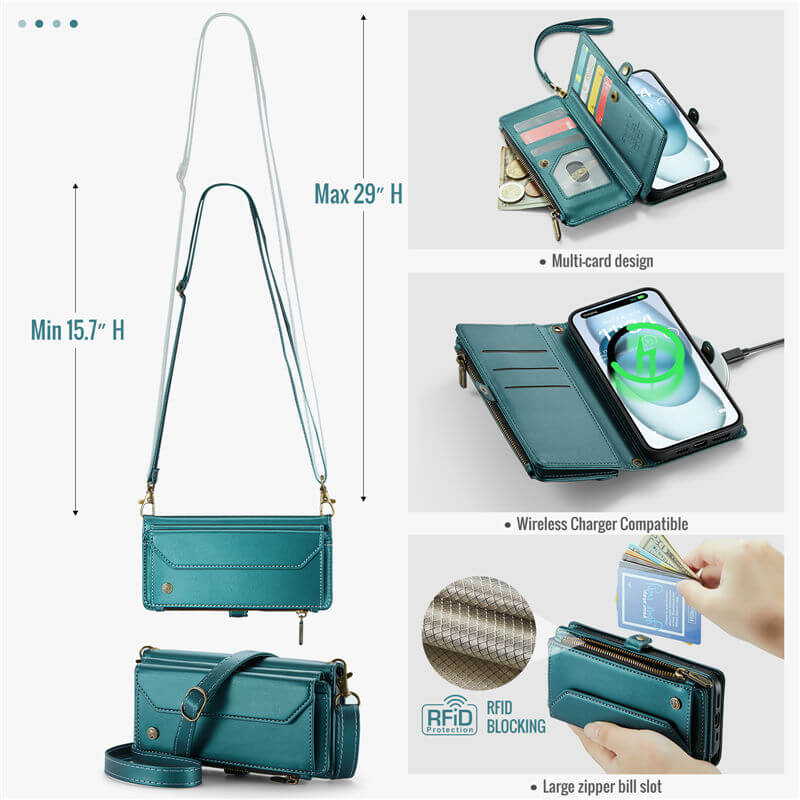 CaseMe iPhone 15 Plus Wallet RFID Blocking Crossbody Phone Case