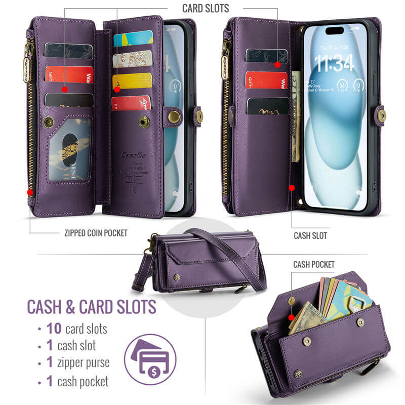 CaseMe iPhone 15 Plus Wallet RFID Blocking Crossbody Phone Case