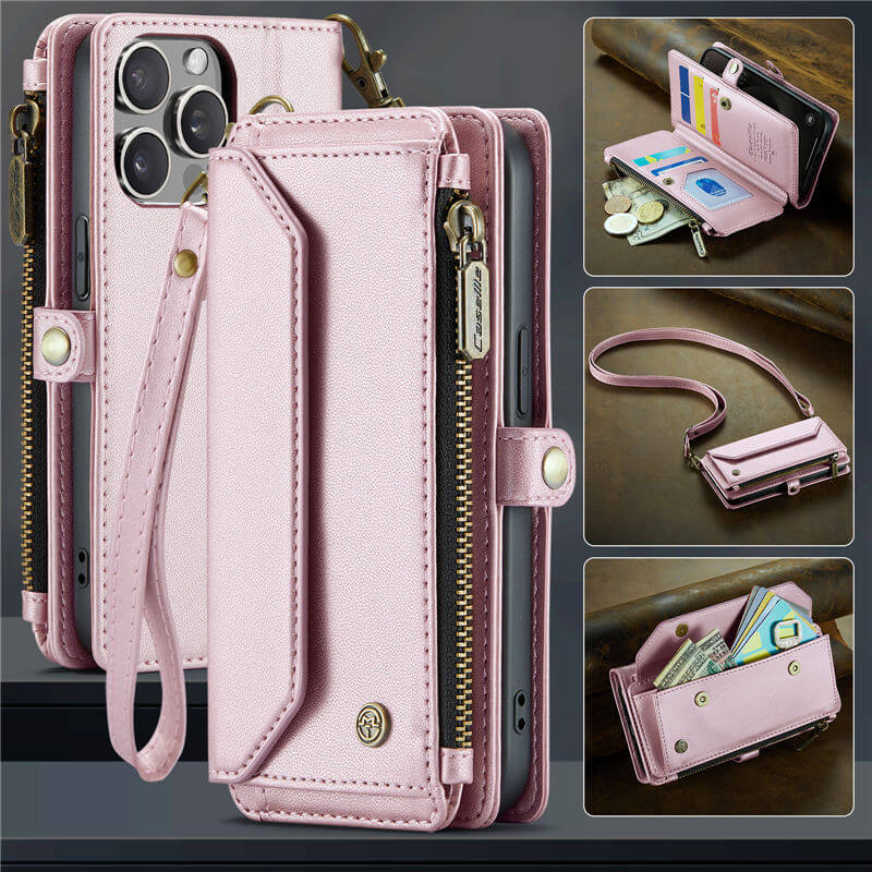 CaseMe iPhone 15 Pro Wallet RFID Blocking Crossbody Case Support Wireless Charging Pink