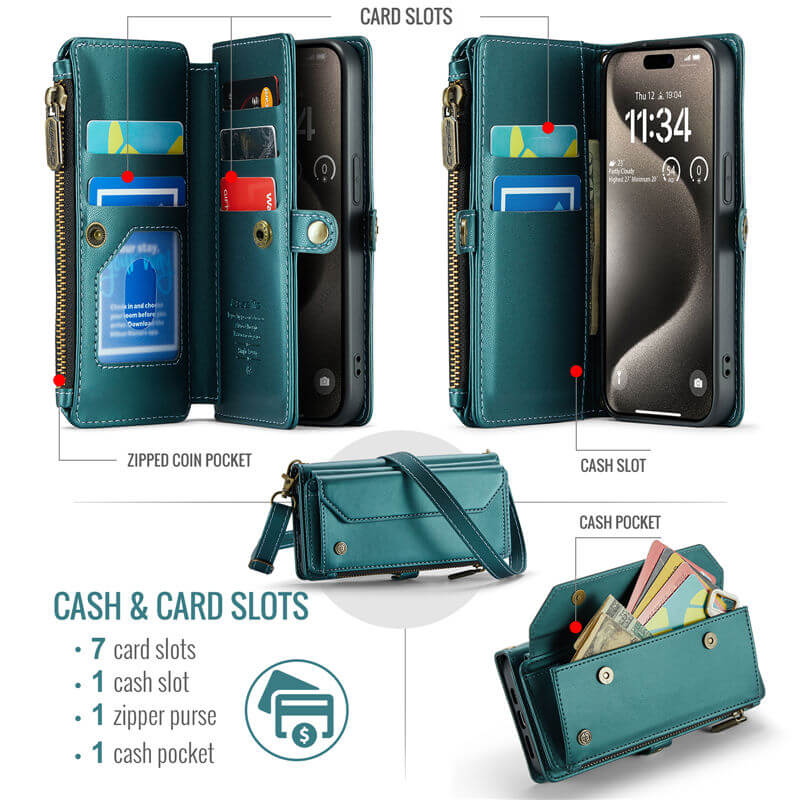 CaseMe iPhone 15 Pro Wallet RFID Blocking Crossbody Phone Case