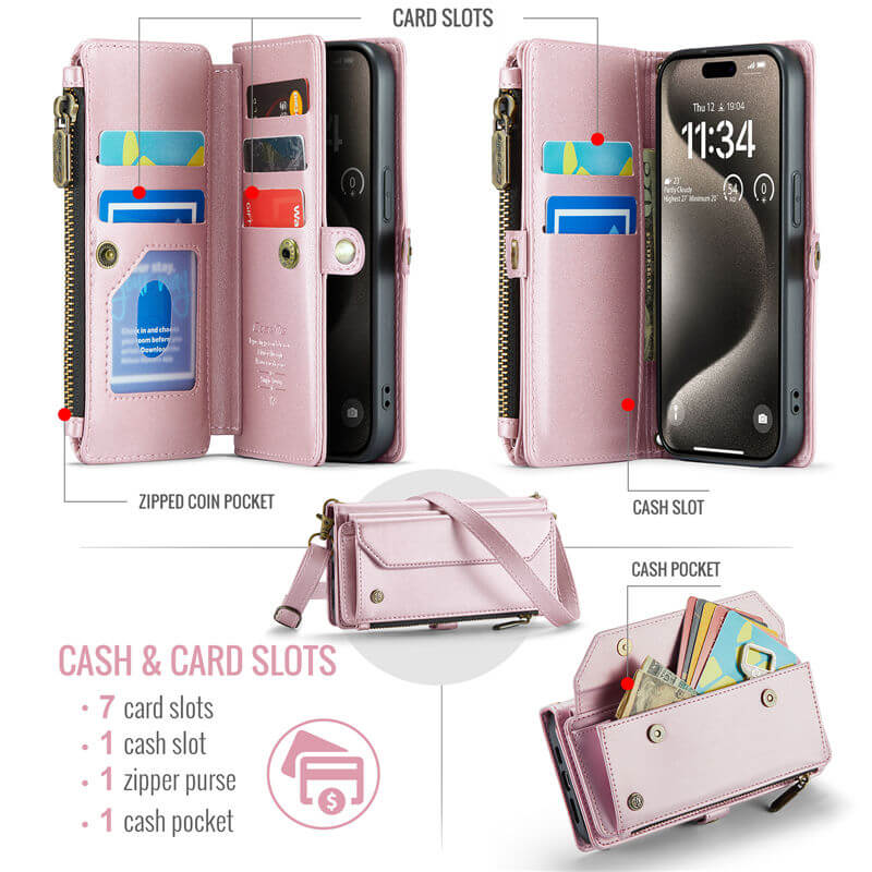 CaseMe iPhone 15 Pro Wallet RFID Blocking Crossbody Phone Case