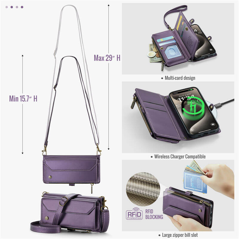 CaseMe iPhone 15 Pro Wallet RFID Blocking Crossbody Phone Case