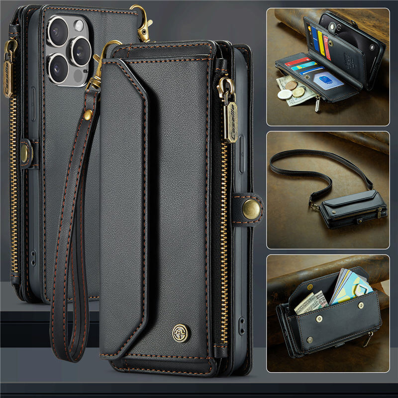 CaseMe Zipper Wallet RFID Blocking Crossbody Phone Case Black