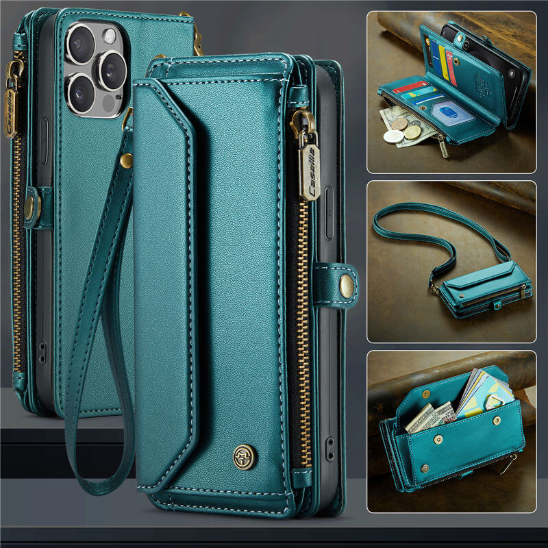 CaseMe iPhone 15 Pro Max Wallet RFID Blocking Crossbody Case Support Wireless Charging Green