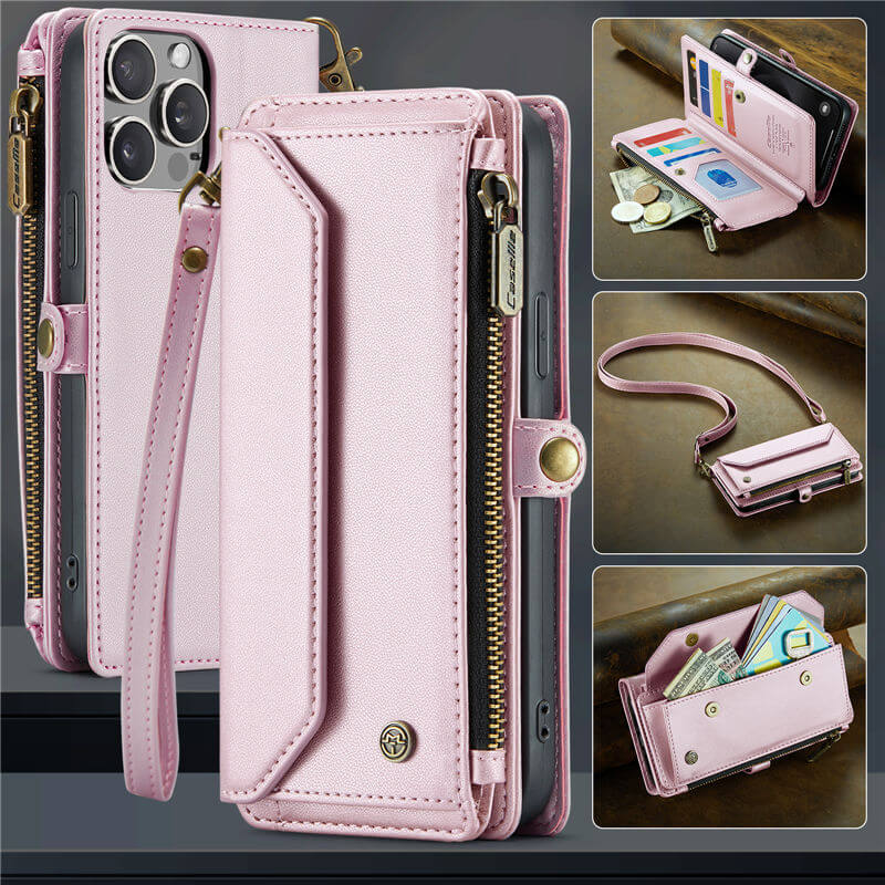 CaseMe iPhone 15 Pro Max Wallet RFID Blocking Crossbody Case Support Wireless Charging Pink