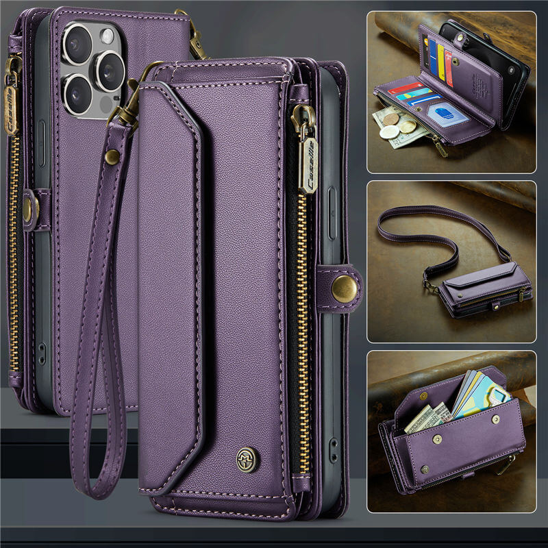 CaseMe iPhone 15 Pro Max Wallet RFID Blocking Crossbody Case Support Wireless Charging Purple