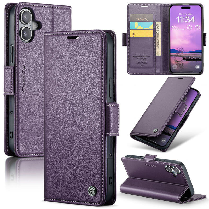 CaseMe iPhone 16 Wallet RFID Blocking Magnetic Buckle Case Purple