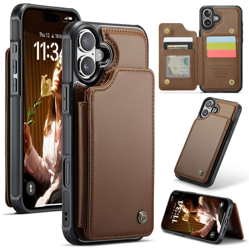 CaseMe iPhone 16 Plus RFID Blocking Card Holder Kickstand Case Brown