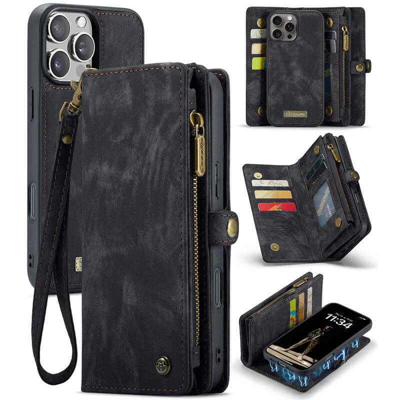 CaseMe iPhone 16 Pro Wallet Case with Wrist Strap Black