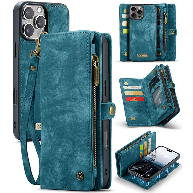 CaseMe iPhone 16 Pro Max Wallet Case with Wrist Strap Blue