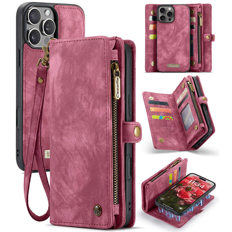 CaseMe iPhone 16 Pro Max Wallet Case with Wrist Strap Red