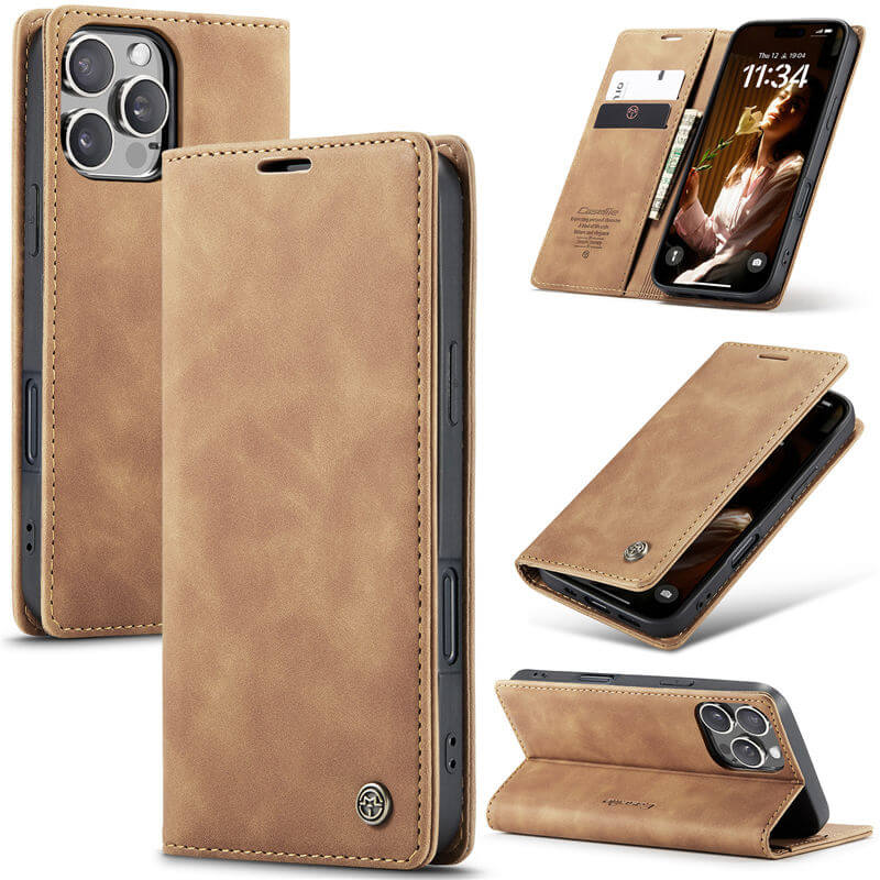 CaseMe iPhone 16 Pro Wallet Magnetic Suede Leather Case Brown