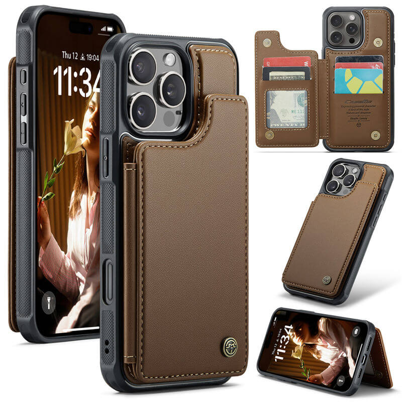 CaseMe iPhone 16 Pro Max RFID Blocking Card Holder Kickstand Case Brown