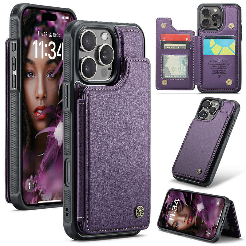 CaseMe iPhone 16 Pro RFID Blocking Card Holder Kickstand Case Purple